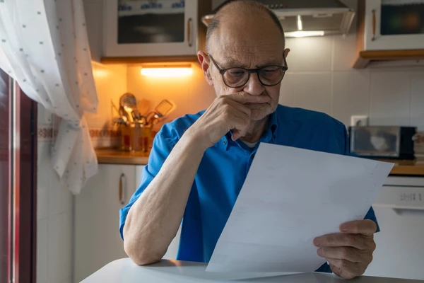 Idoso lendo na cozinha de casa por Shutterstock