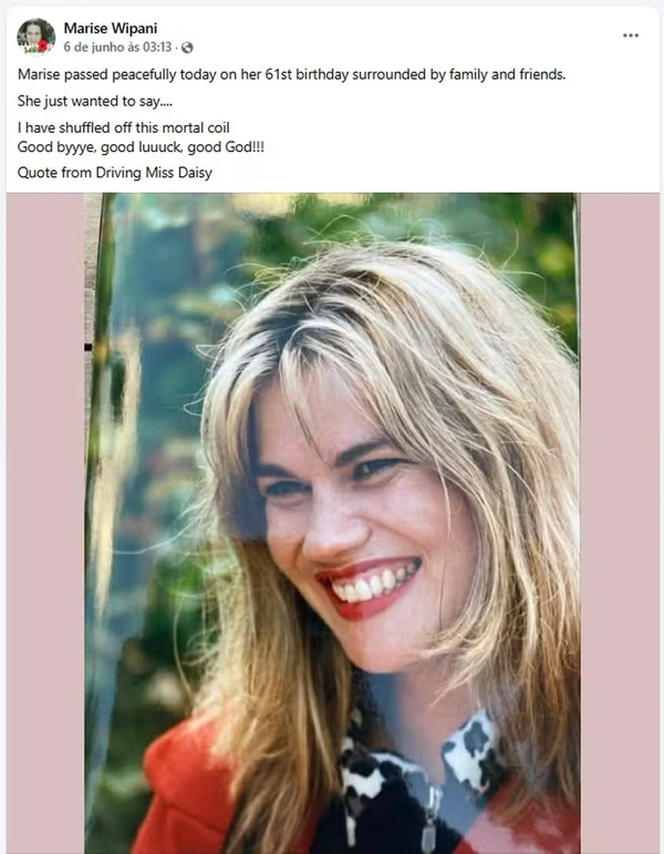 Morte de Marise Wipani foi informada pelo Facebook  por Reprodução/Facebook