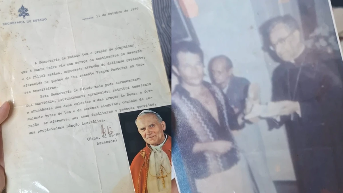 Carta de agradecimento enviada pelo Vaticano (à esquerda) e Valdemar entregando os sapatos do Papa João Paulo II para Dom Avelar (à direita)