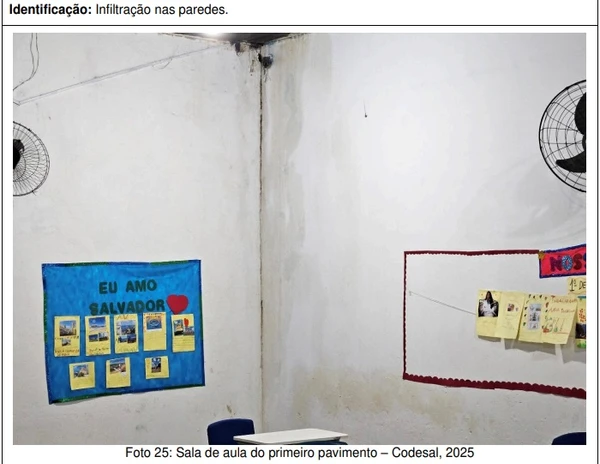 Infiltração nas paredes da Escola Técnica São Joaquim - foto Codesal 2025 por Reprodução/Codesal