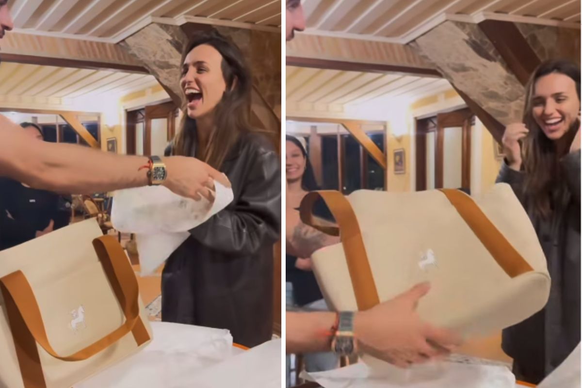 Rafa e Nattan se surpreenderam ao encontrar bolsa de luxo no final no fundo da embalagem por Reprodução