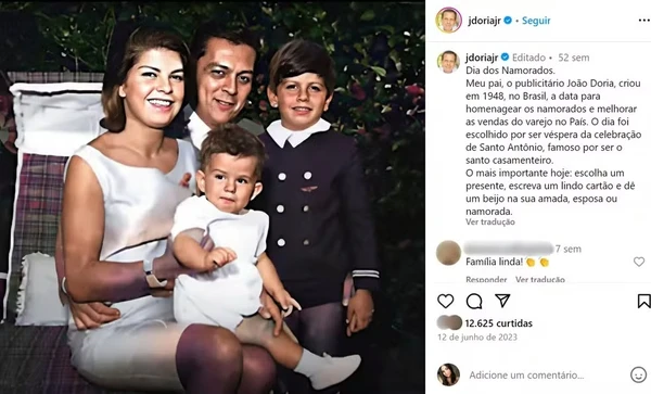 Ex governador de São Paulo,  João Doria publicou um homenagem ao pai, criador do Dia dos Namorados no Brasil por Reprodução/Instagram