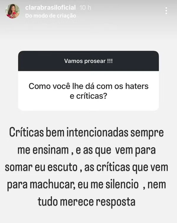 Clara Brasil responde seguidores no Instagram 