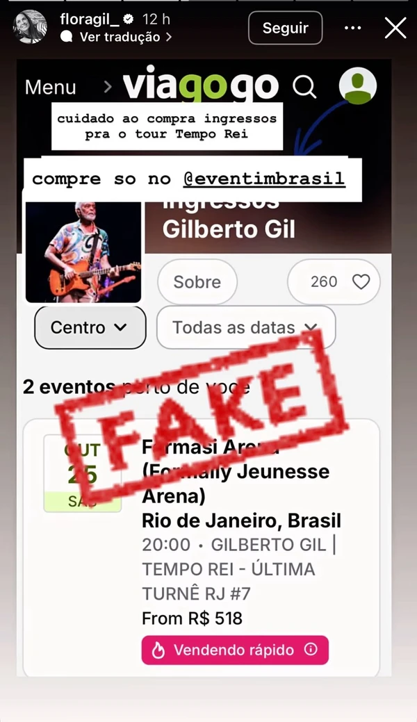 Flora alerta para ingressos falsos para Tempo Rei de Gilberto Gil