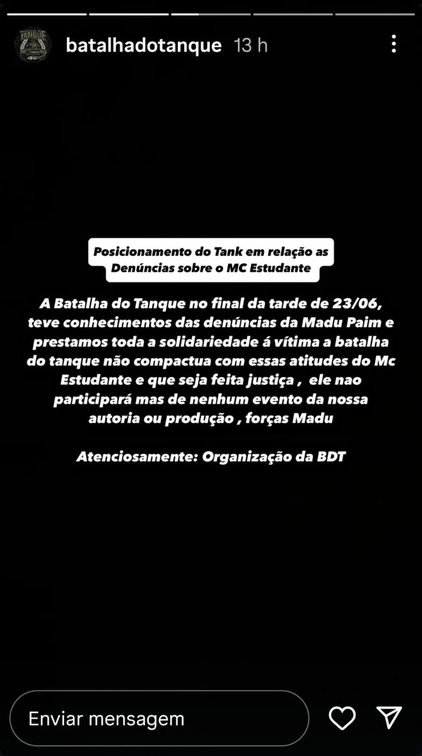 Batalha do Tanque, uma das principais batalhas de rima do país repudiou publicamente as atitudes de MC Estudante por Reprodução/Instagram  