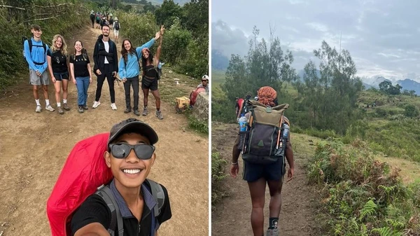 Juliana durante a trilha com guia e outros turistas por Reprodução