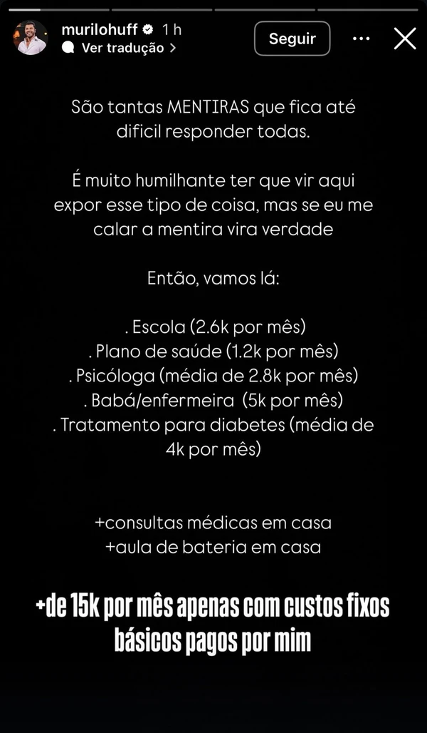 Murilo rebate versão de Ruth sobre pensão