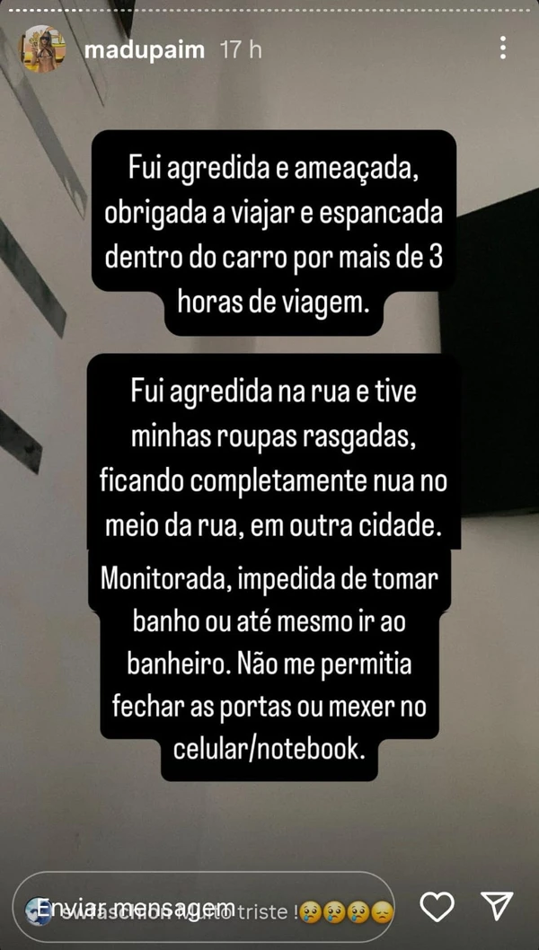 Relato feito por Madu Paim contra MC Estudante por Reprodução/Instagram 