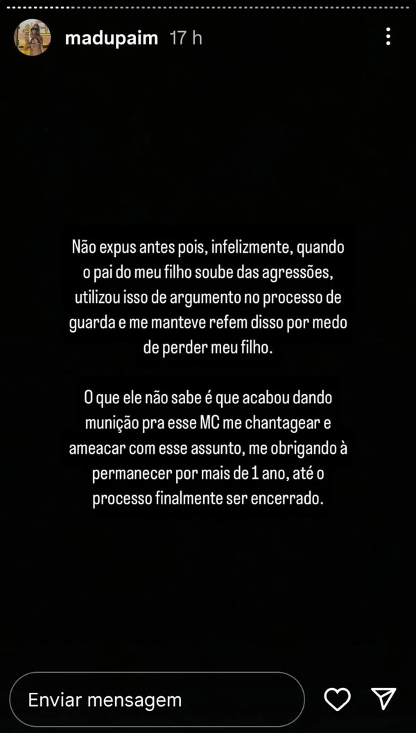 Relato feito por Madu Paim contra MC Estudante por Reprodução/Instagram 