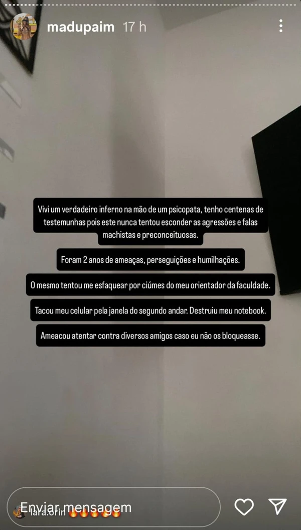 Relato feito por Madu Paim contra MC Estudante por Reprodução/Instagram 