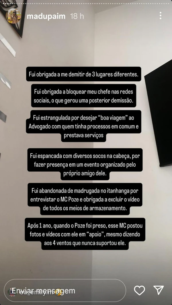 Relato feito por Madu Paim contra MC Estudante por Reprodução/Instagram 