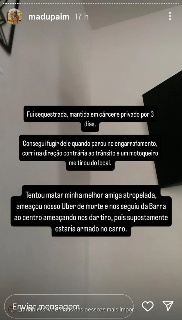 Relato feito por Madu Paim contra MC Estudante por Reprodução/Instagram 