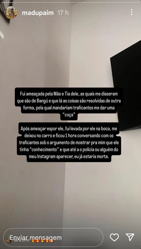 Relato feito por Madu Paim contra MC Estudante por Reprodução/Instagram 