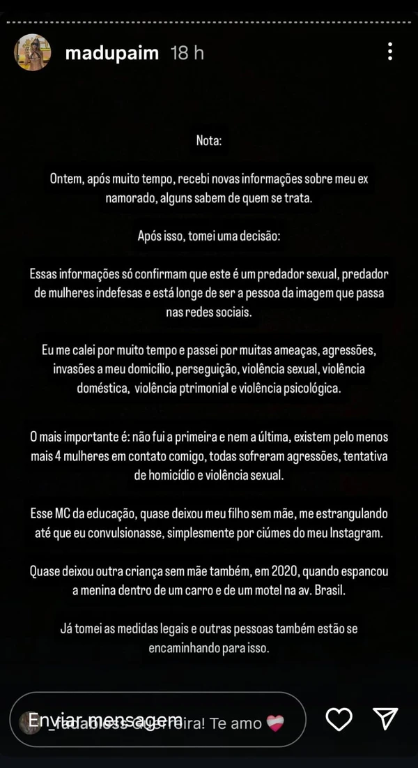 Relato feito por Madu Paim contra MC Estudante por Reprodução/Instagram 