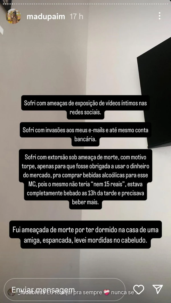 Relato feito por Madu Paim contra MC Estudante por Reprodução/Instagram 