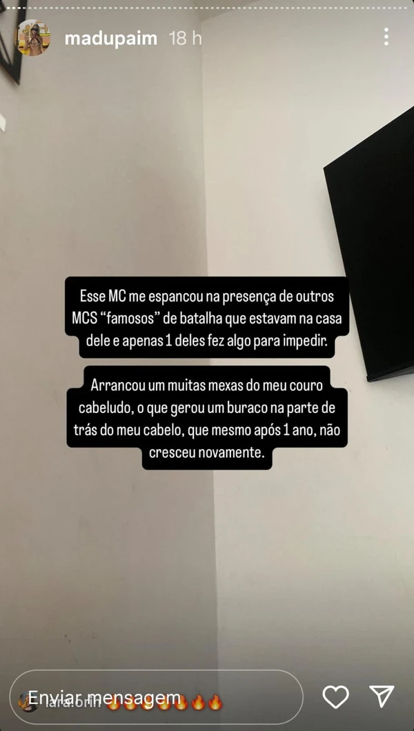 Relato feito por Madu Paim contra MC Estudante por Reprodução/Instagram 
