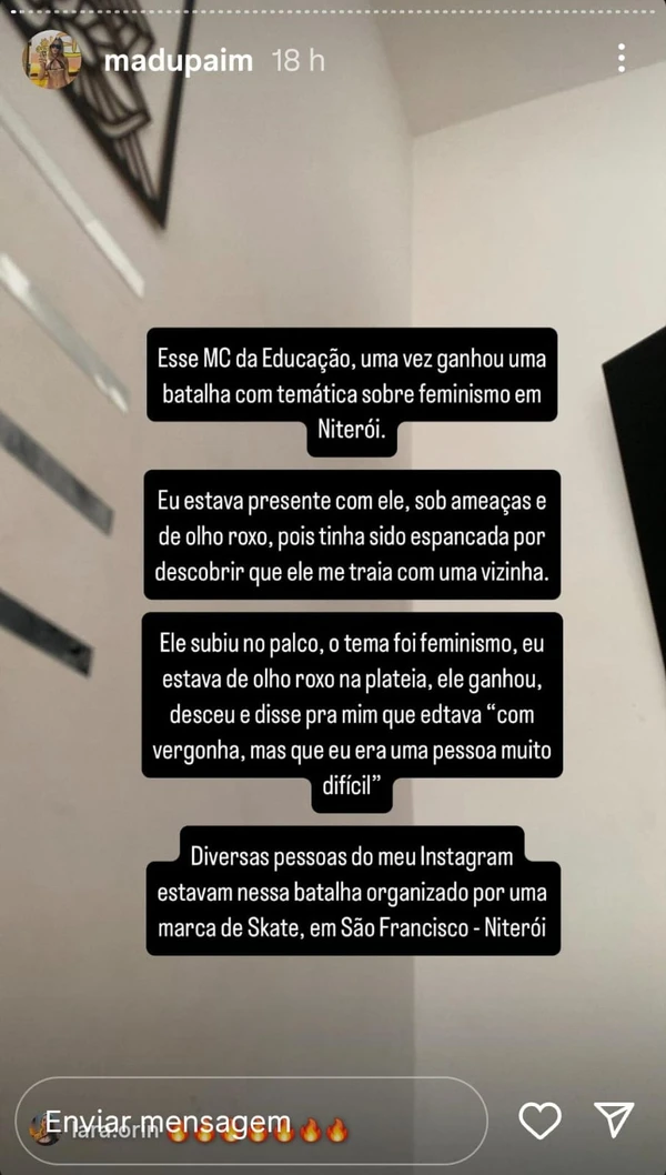 Relato feito por Madu Paim contra MC Estudante por Reprodução/Instagram 
