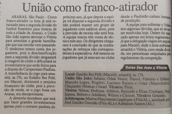 União São João 1 x 5 Vitória pela Série A de 1995 por Arquivo CORREIO 