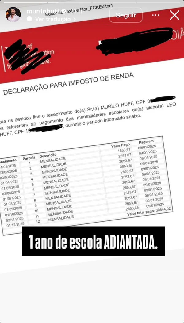 Murilo Huff comprova gastos com Léo (escola) por Reprodução / Redes Sociais