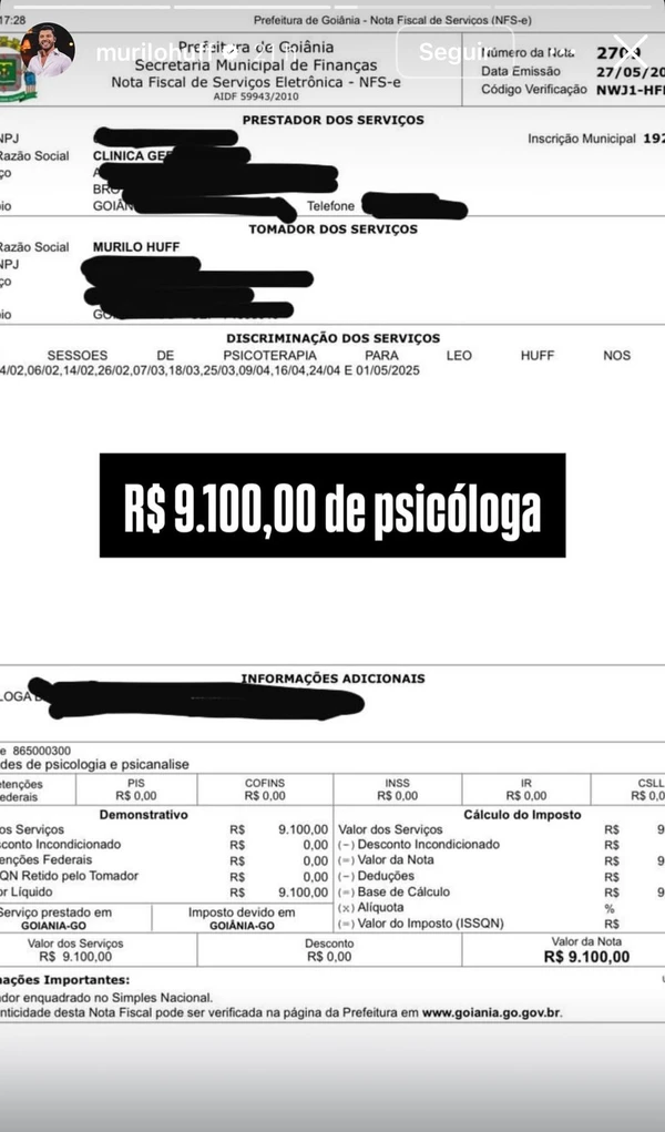 Murilo Huff comprova gastos com Léo (psicóloga) por Reprodução 