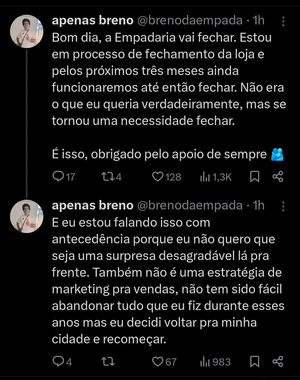 Breno da Empada anunciou fim das atividades por Reprodução