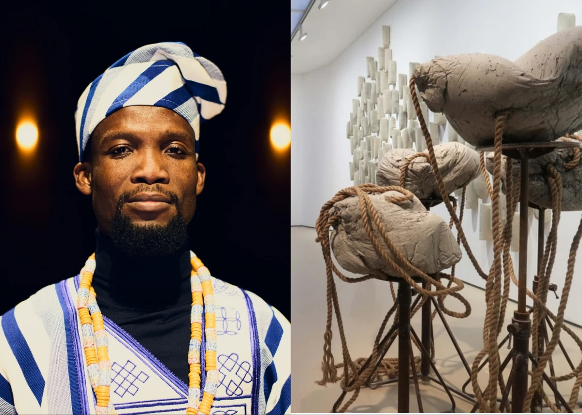 Kokou Ferdinand Makouvia e obras da instalação Clan Dinamique 