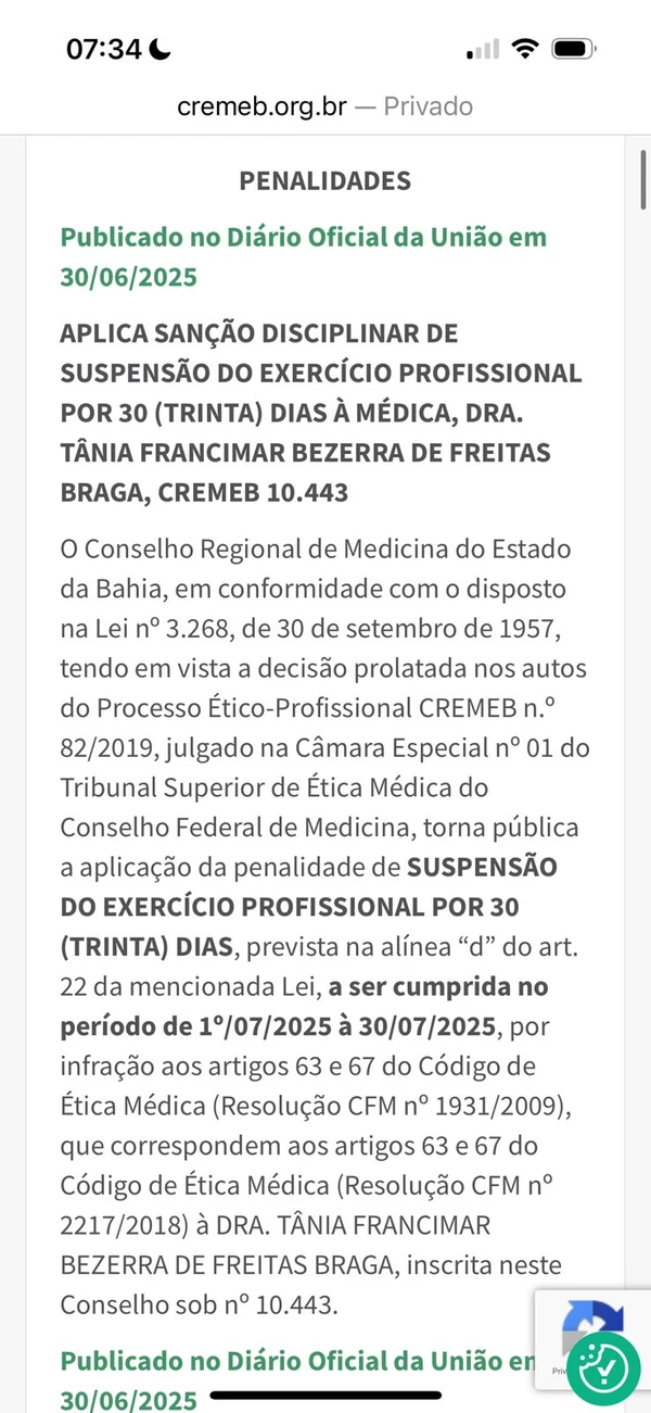 Sanção aplicada à Tânia Francimar Bezerrra de Freitas Braga