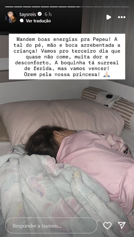 Tays Reis desabafa após filha ser diagnosticada com síndrome mão-pé-boca por Reprodução/Redes Sociais 