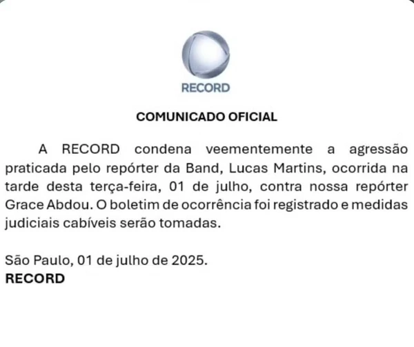 Record emite nota após desentendimento entre os reporters Lucas Martins, da Band, e Grace Abdou, repórter da emissora  por Reprodução