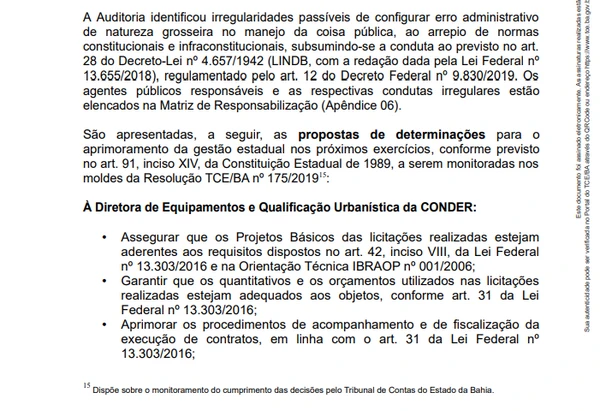 Trechos do documento da auditoria do TCE-BA por Reprodução