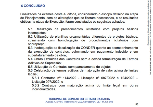 Trechos do documento da auditoria do TCE-BA por Reprodução
