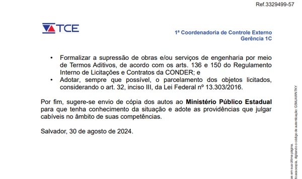 Trechos do documento da auditoria do TCE-BA por Reprodução