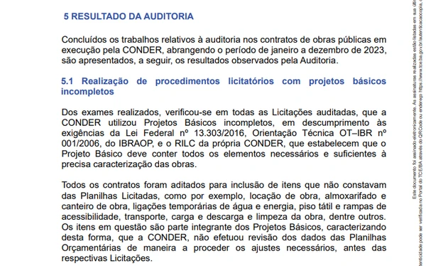 Trechos do documento da auditoria do TCE-BA por Reprodução