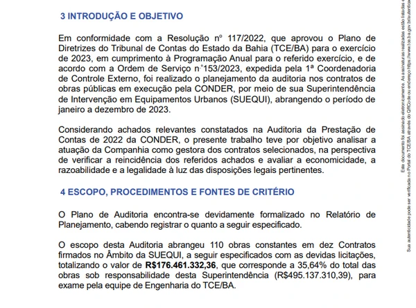 Trechos do documento da auditoria do TCE-BA por Reprodução