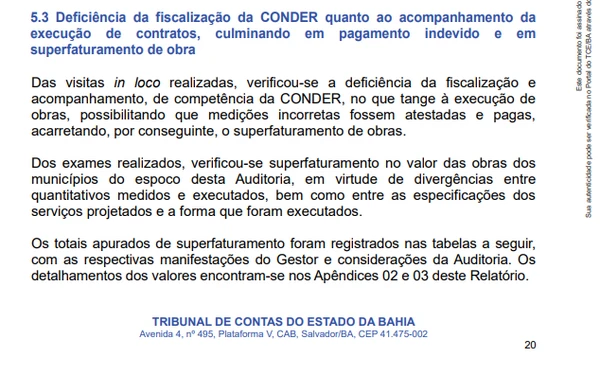 Trechos do documento da auditoria do TCE-BA por Reprodução