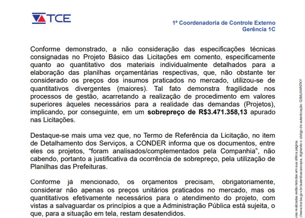 Trechos do documento da auditoria do TCE-BA por Reprodução