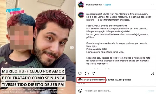 Murilo Huff curtiu post em sua defesa  por Reprodução/Instagram