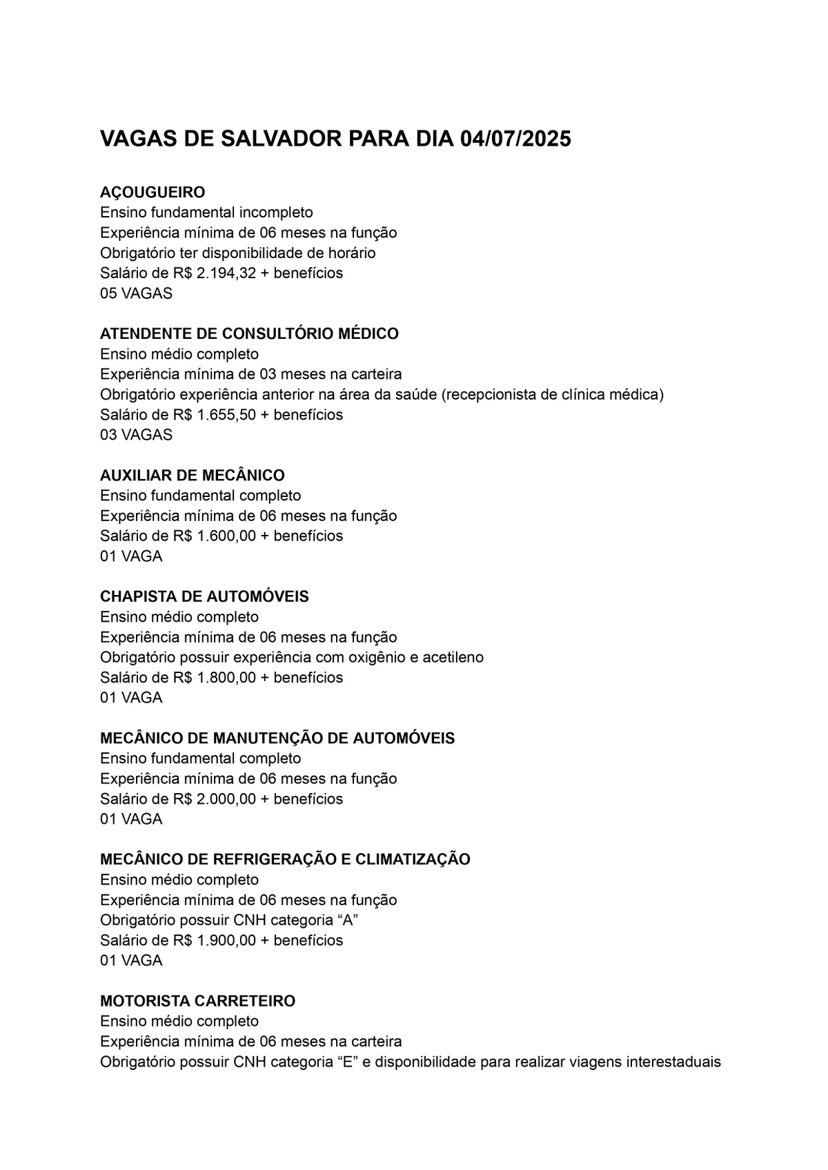 Vagas do SineBahia para esta sexta-feira (4) por Reprodução