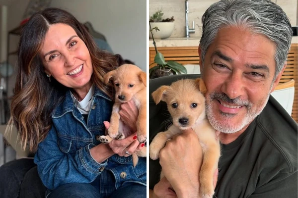 Fátima Bernardes e William Bonner com cachorrinho filhote de  Bia Bonner