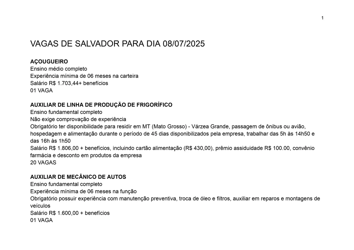Vaga do SineBahia para 08/07/2025 por Reprodução
