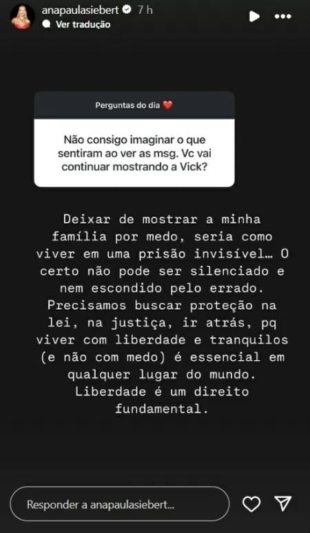 Ana Paula Siebert responde se continuará mostrando filha com Justus após críticas por  Reprodução/Instagram