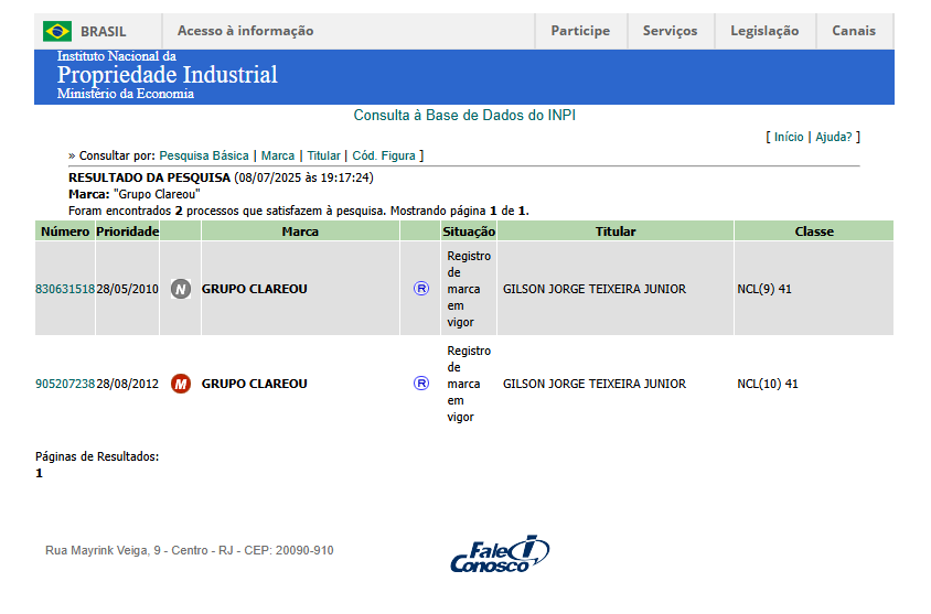 Registro da marca "Grupo Clareou" em 2010 por Captura de Tela / INPI