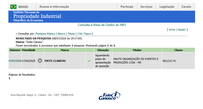 Registro da marca "Ivete Clareou" em 2025 por Captura de Tela / INPI