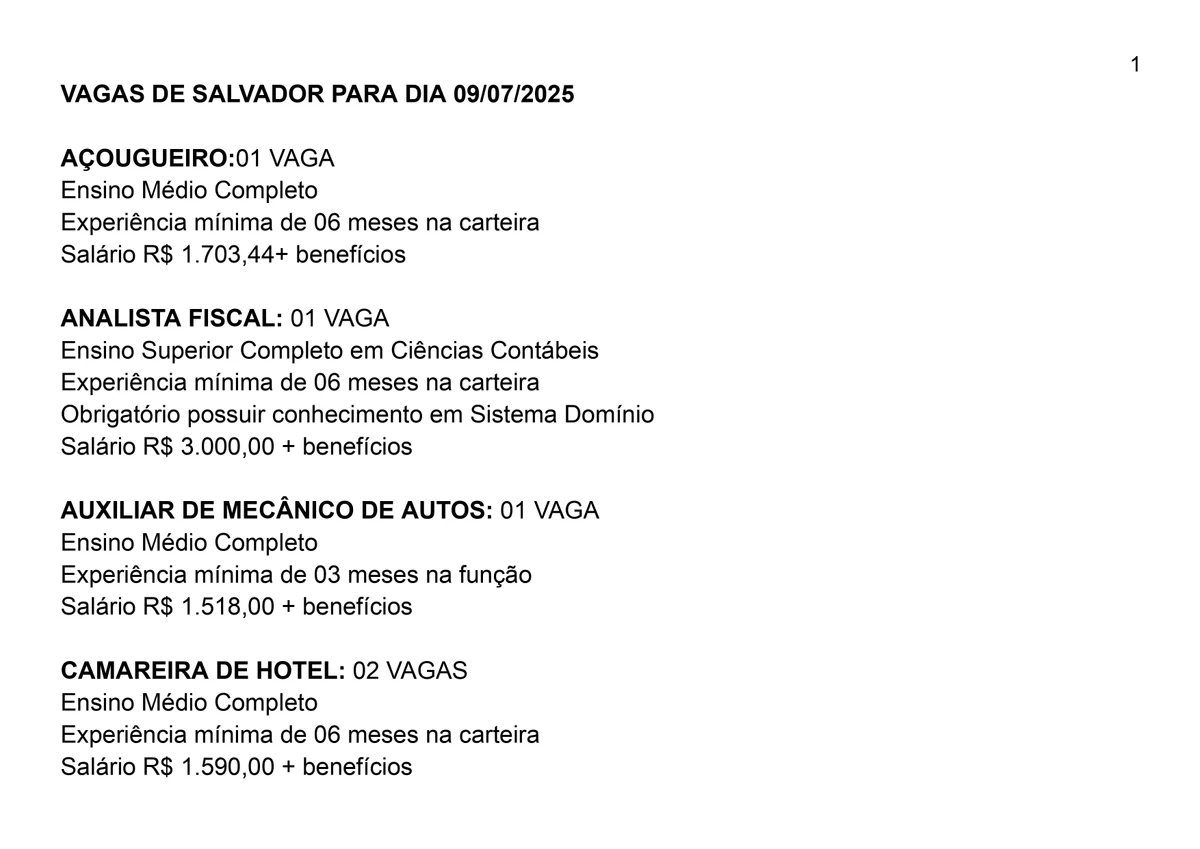 Vagas para esta quarta-feira (9) por Reprodução