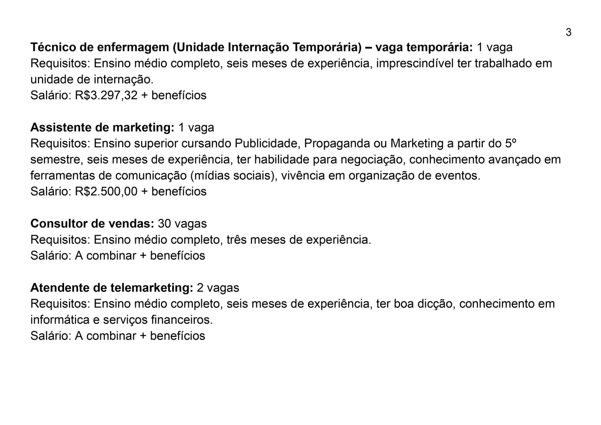 Vagas para esta quarta-feira (9) por Reprodução