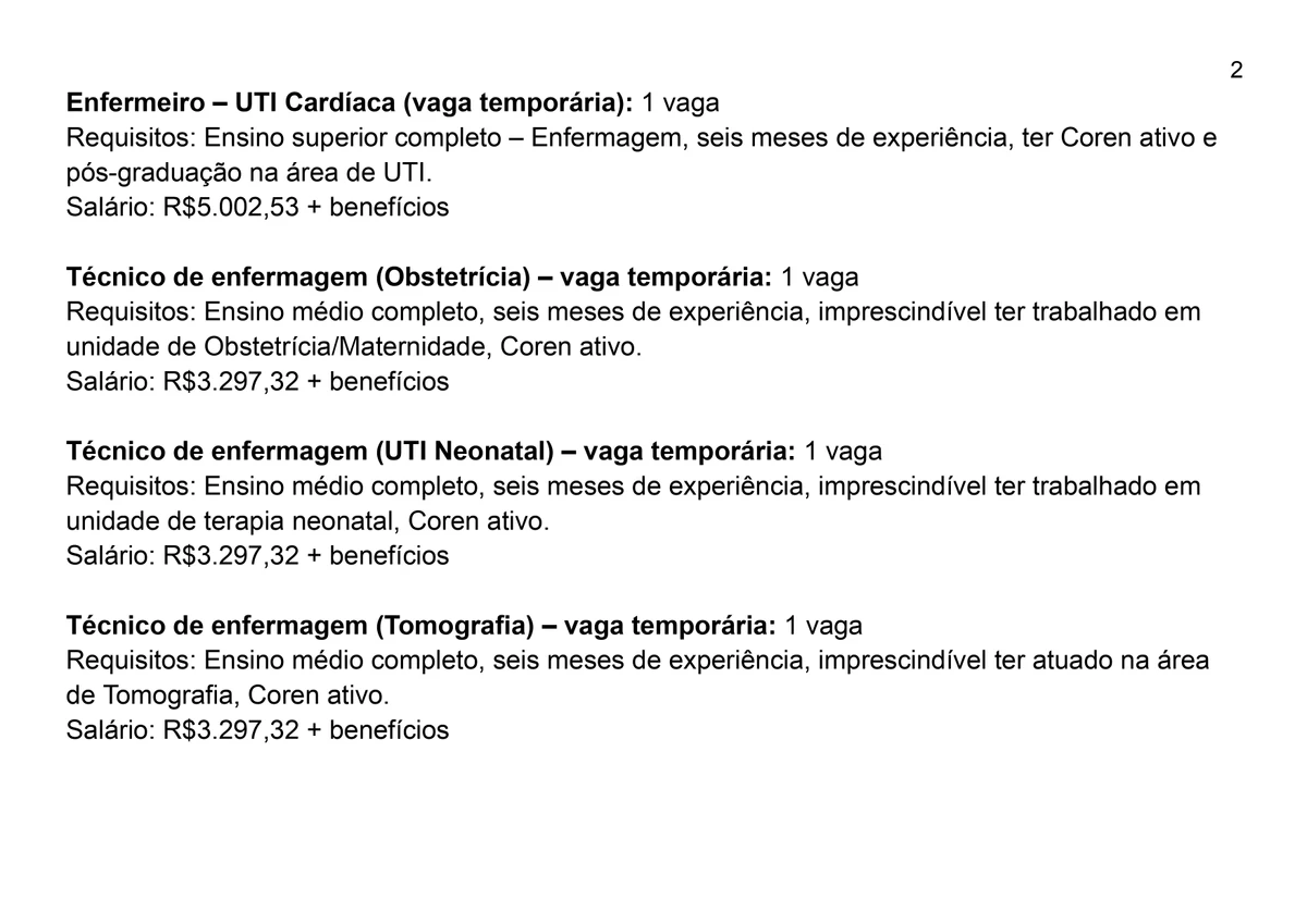 Vagas para esta quarta-feira (9) por Reprodução