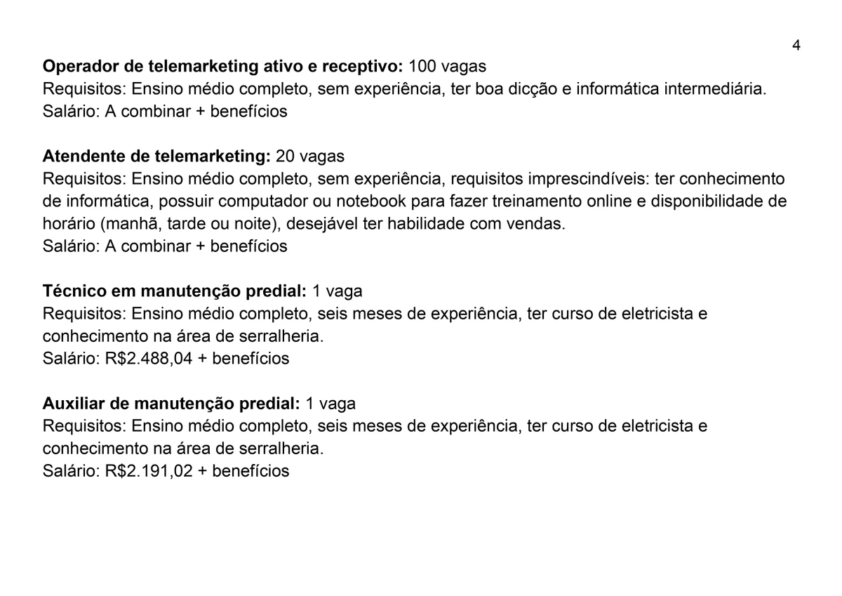 Vagas para esta quarta-feira (9) por Reprodução