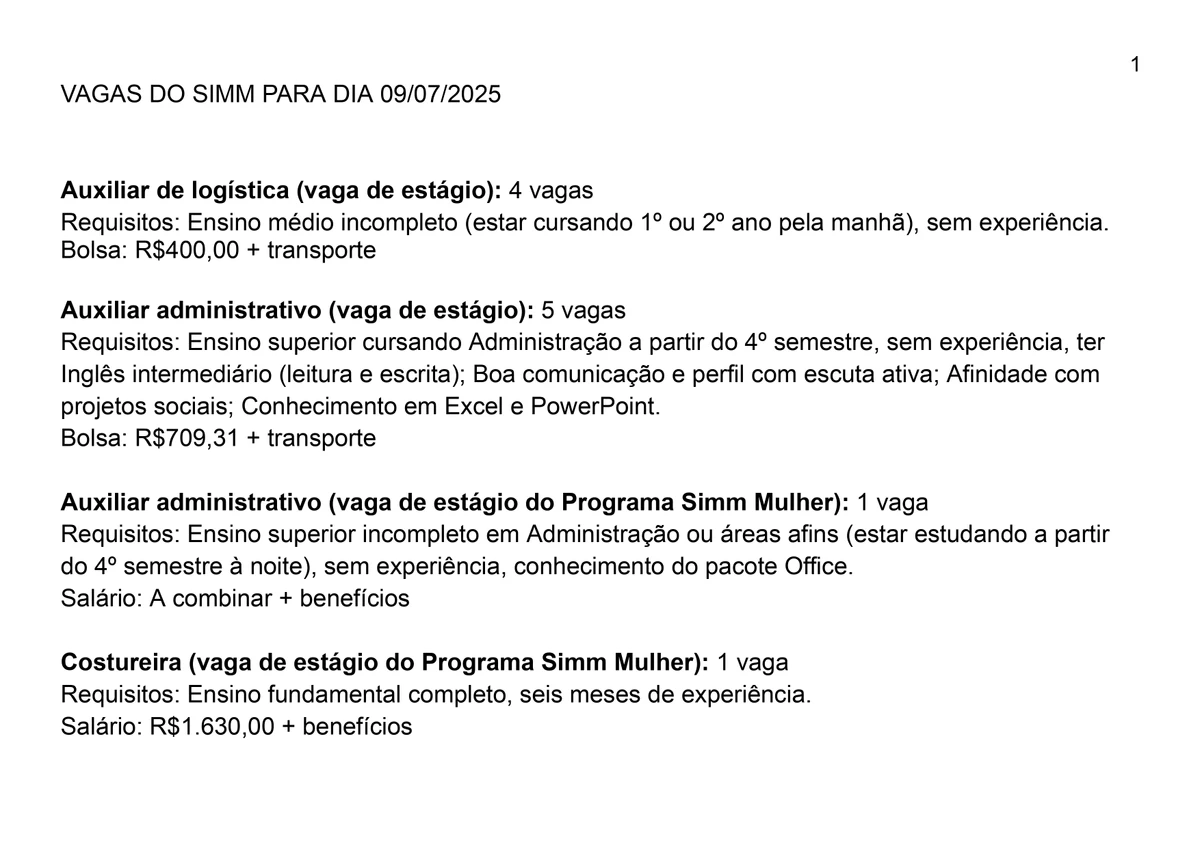 Vagas para esta quarta-feira (9) por Reprodução