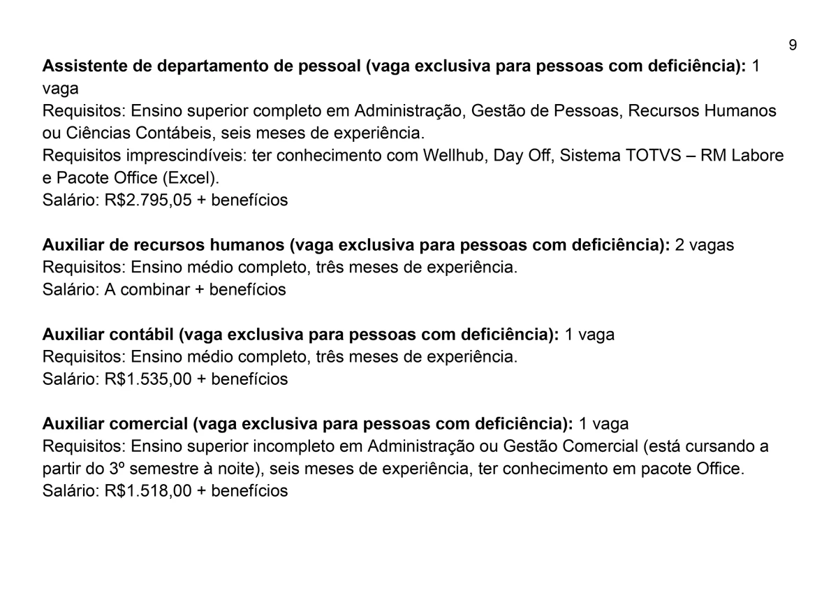 Vagas para esta quarta-feira (9) por Reprodução