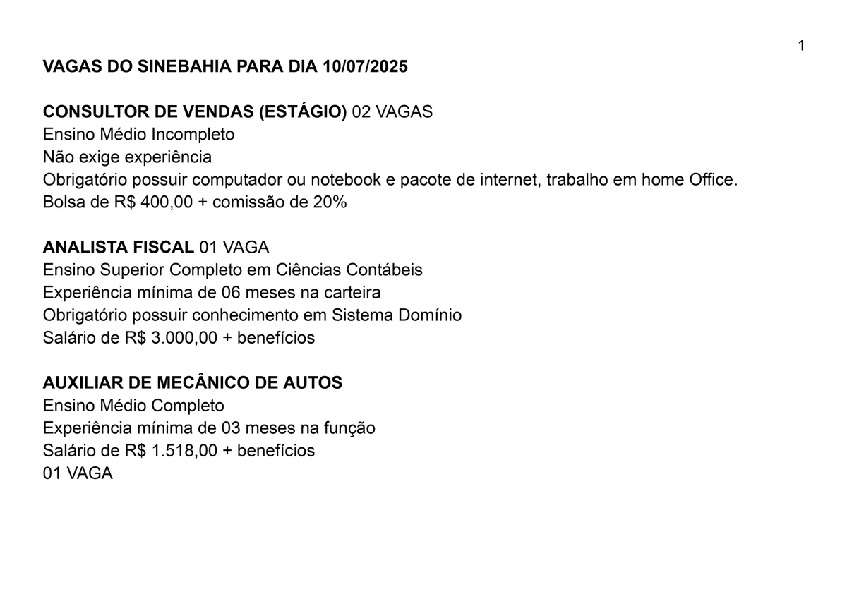 Vagas do Sinebahia para Salvador para esta quinta-feira (10) por Reprodução